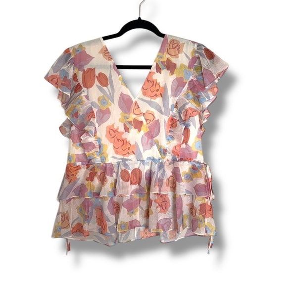 Ted Baker London Rowyn Printed Ruffled Blouse Size Large - Picture 1 of 4